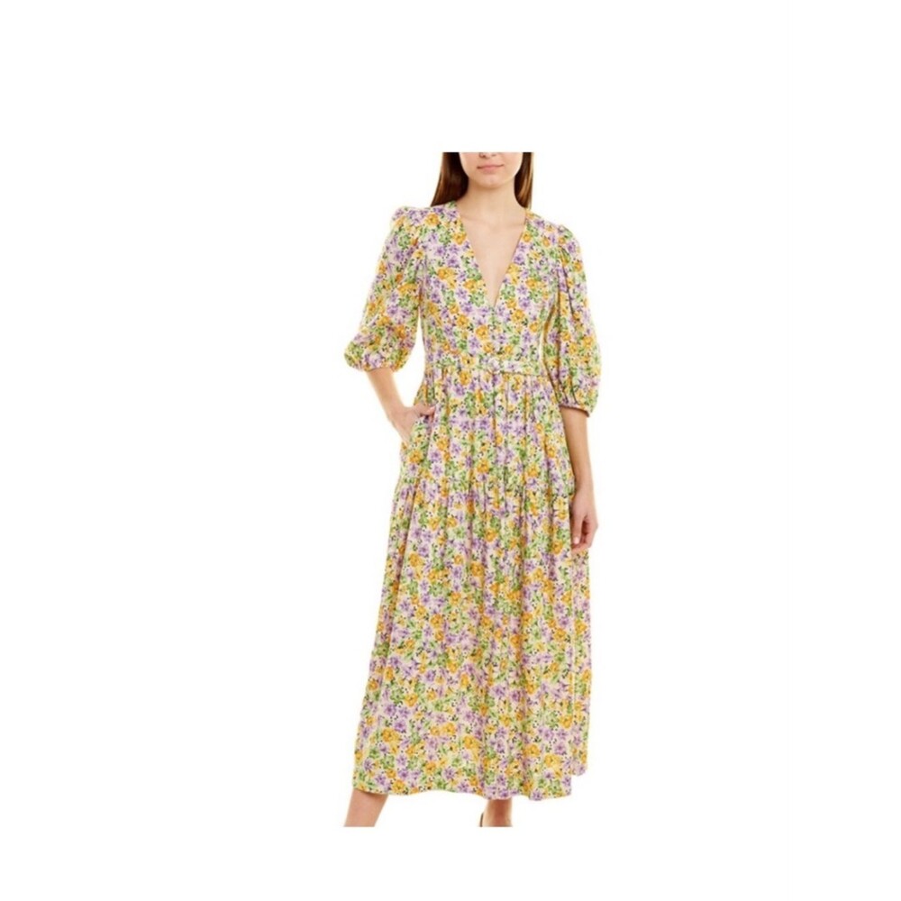 Nicholas Cellie Linen Blend Floral V-Neck Tiered Belted Maxi Dress in Yellow 4